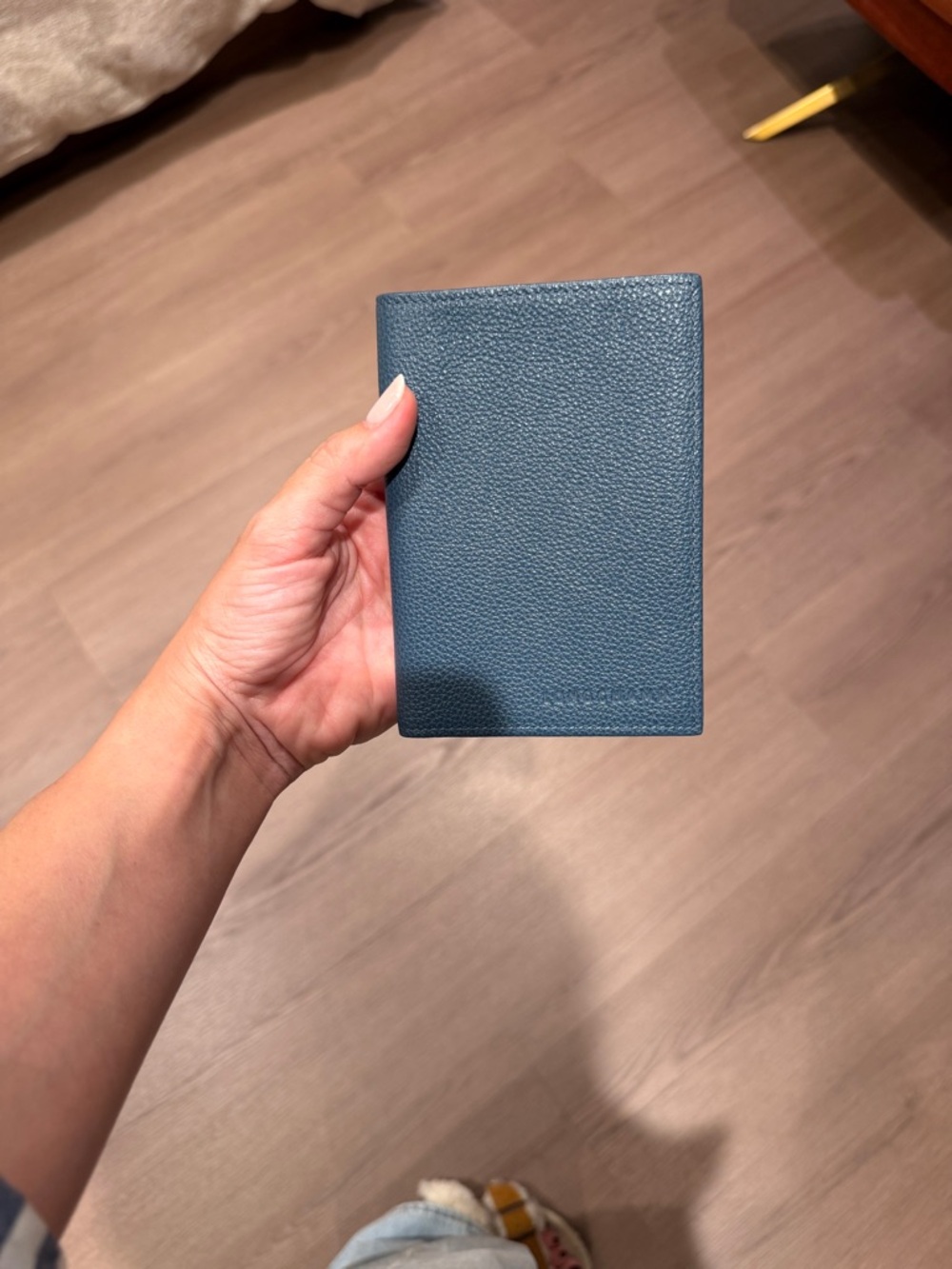 Longchamp Pebbled Leather Passport/Card Holder in Teal Blue